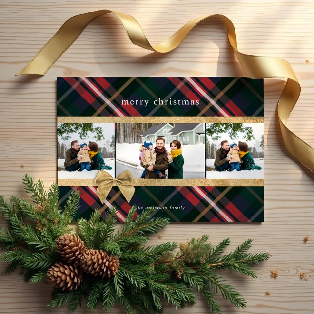 Tarjeta Festiva Regalo de caña roja envuelto y foto presente de va (Red Plaid Gift Wrapped & Gold Bow Present Photo Holiday Card)