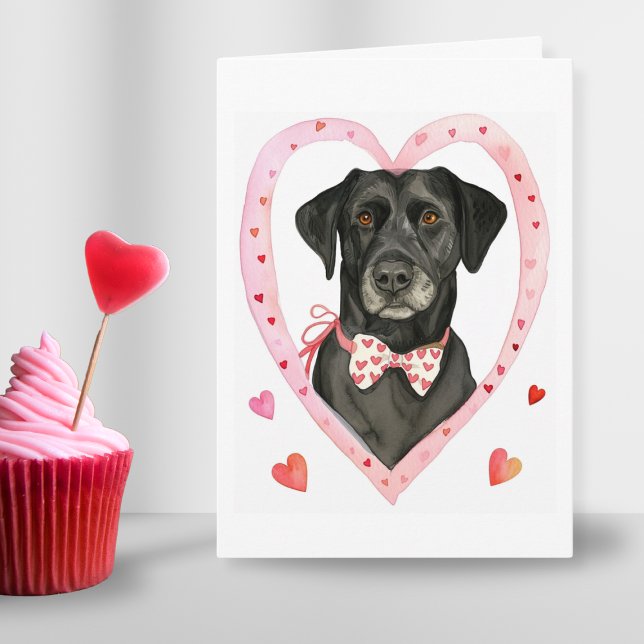 Tarjeta Festiva Regalo de Día de San Valentín para Mamá Perro Labr (Black Labrador Valentine Day Dog Mom Love Gift Red pink heart border frame with watercolor hearts)