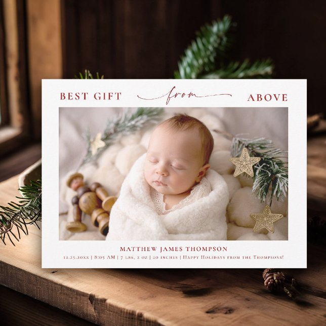 Tarjeta Festiva Regalo de Navidades rojos de arriba elegante foto  (best gift from above baby christmas card minimalist simple photo calligraphy elegant christian )