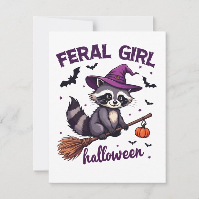 Tarjeta Festiva Regalo de niña salvaje de Halloween Mapache bruja  (Anverso)