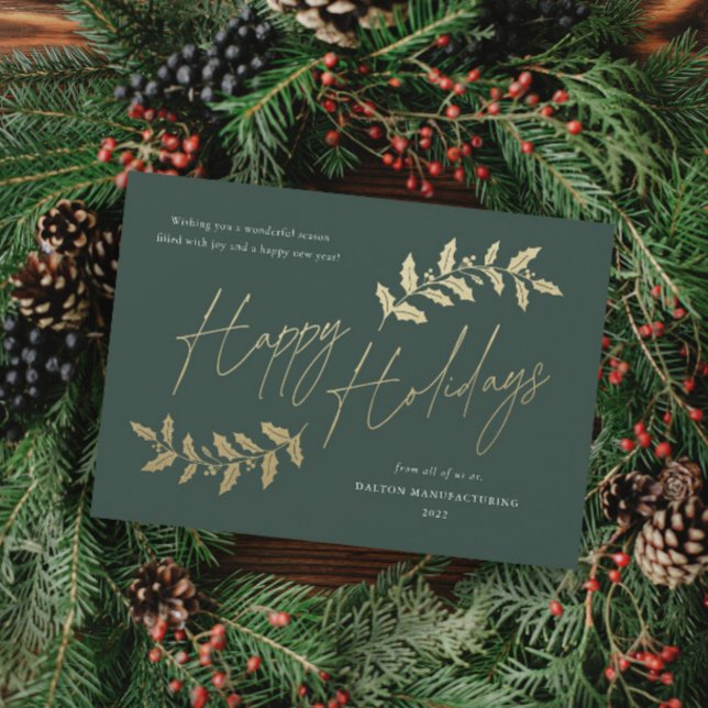 Tarjeta Festiva Regalo de oro moderno Felices vacaciones de negoci (Elegant gold greenery leaves happy holidays green business holiday card.)