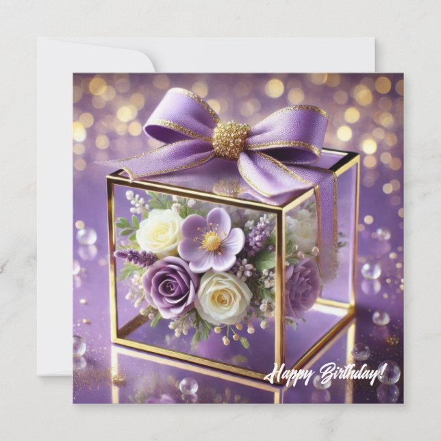 Tarjeta Festiva Regalo floral lujoso de vidrio violeta dorado chic (Anverso)