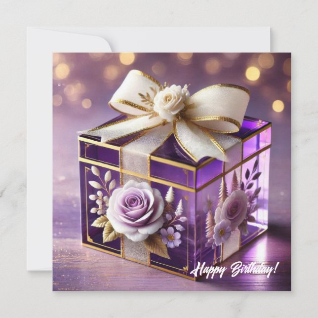 Tarjeta Festiva Regalo floral lujoso de vidrio violeta dorado chic (Anverso)