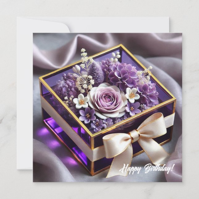 Tarjeta Festiva Regalo floral lujoso de vidrio violeta dorado chic (Anverso)