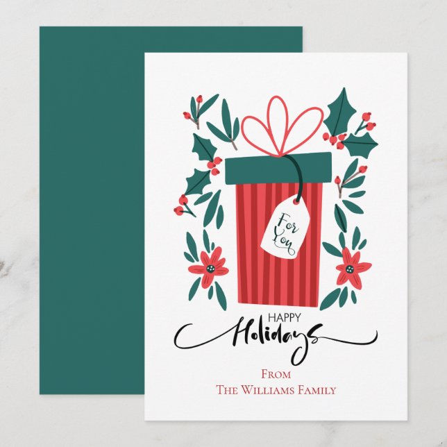 Tarjeta Festiva Regalo Y Flores Felices De Las Fiestas (Anverso / Reverso)