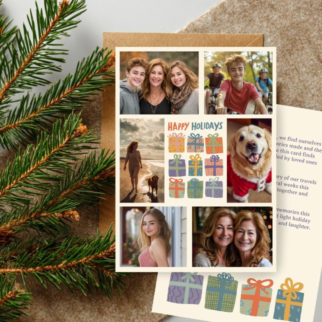 Tarjeta Festiva Regalos A Mano Presenta PERSONALIZADO Dibujado A M (Cute Gifts Presents Hand-Drawn CUSTOM 6 PHOTO Holiday Card
)