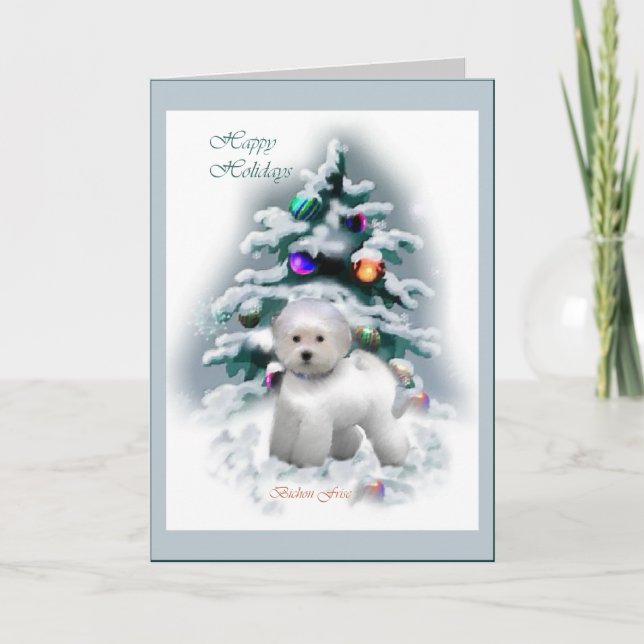 Tarjeta Festiva Regalos de Navidades de Bichon Frise (Anverso)