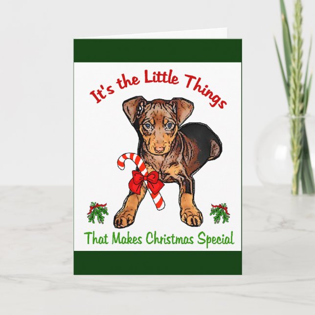 Tarjeta Festiva Regalos de Navidades de Pinscher en miniatura (Anverso)