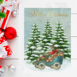 Tarjeta Festiva Regalos de Santa en su auto Nieve Árboles de Vinta<br><div class="desc">El maravilloso Santa en su auto navegando por la nieve con todos los regalos hermosos esperando ser distribuidos. Árboles con nieve prepararon el escenario para el telón de fondo y un mensaje de oro Feliz Navidad. Personaliza en la parte trasera en un marco de vacaciones encantador.</div>