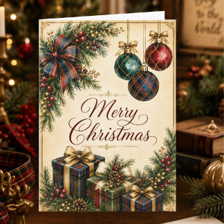Tarjeta Festiva Regalos y adornos de tartán escocés vintage Navida
