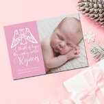 Tarjeta Festiva Regocijarse por la elegancia de la niña bebé foto<br><div class="desc">Un ángel elegante se sienta sobre las letras de las letras de O Holy Night de los Navidades en esta hermosa tarjeta de vacaciones rosa y blanca. Una emoción de esperanza, el mundo cansado se alegra. Disfruta con esta preciosa tarjeta de anuncio de nacimiento con una caligrafía magnífica y tu...</div>