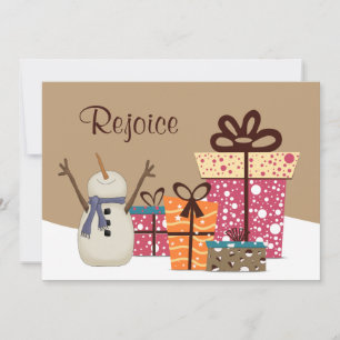 Tarjeta Festiva Regocijarse - Un hombre de nieve con regalos Navid