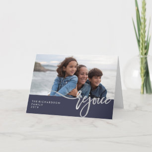 Tarjeta Festiva Regocijo plateado   Tu foto en Midnight Blue