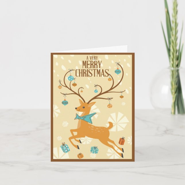 Tarjeta Festiva Reindeer de mediados del siglo con Navidades de or (Anverso)