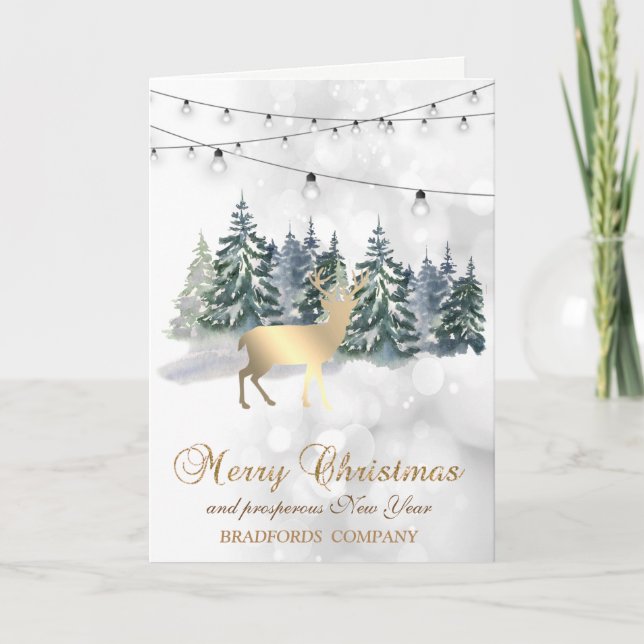 Tarjeta Festiva Reindeer,Forest,String Lights Bokeer Company (Anverso)