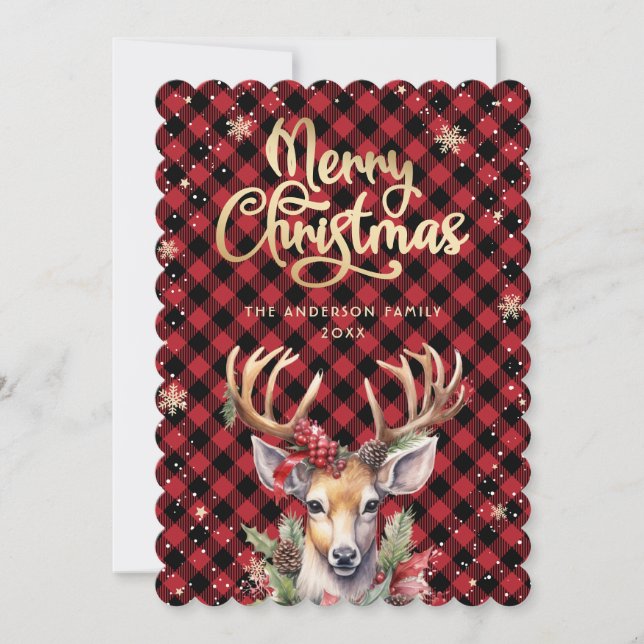 Tarjeta Festiva Reindeer Holly Berries Snowflakes Christmas Card (Anverso)
