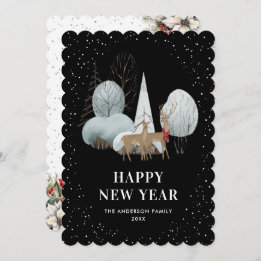 Tarjeta Festiva Reindeer Snowy Forest Black New Year Card