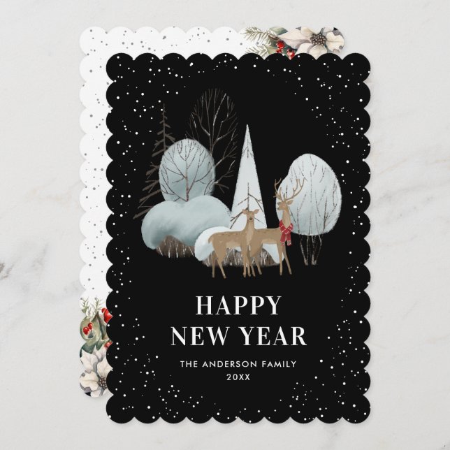 Tarjeta Festiva Reindeer Snowy Forest Black New Year Card (Anverso / Reverso)