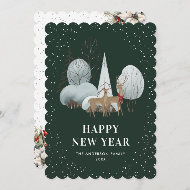 Tarjeta Festiva Reindeer Snowy Forest Green New Year Card (Anverso / Reverso)