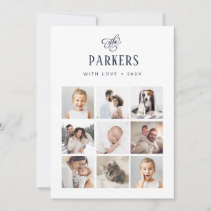Tarjeta Festiva Rejilla de Fotos Familiares Elegantes en Azul y Bl