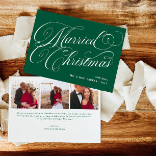 Tarjeta Festiva Rejilla fotográfica verde de Navidades casados y c