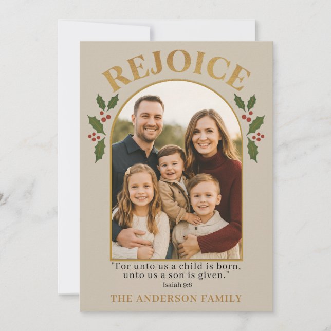 Tarjeta Festiva Rejoice Christian Christmas Card with Family Photo (Anverso)
