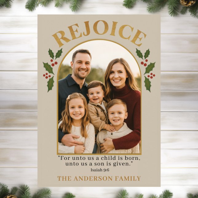 Tarjeta Festiva Rejoice Christian Christmas Card with Family Photo (Subido por el creador)