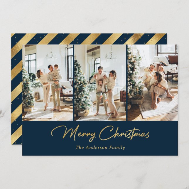 Tarjeta Festiva Relieve metalizado dorado azul de lujo Foto Feliz  (Anverso / Reverso)