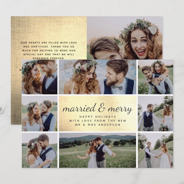 Tarjeta Festiva Relieve metalizado dorado casado y Boda de cerezas (Anverso / Reverso)