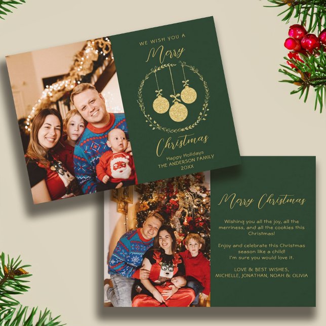 Tarjeta Festiva Relieve metalizado dorado falso Navidades elegante (Faux Gold Foil Elegant Christmas Photo Green Holiday Card)