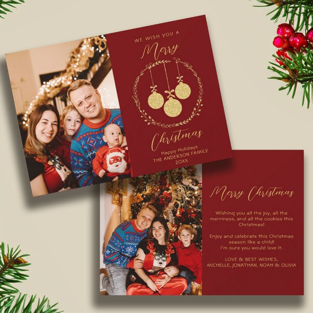 Tarjeta Festiva Relieve metalizado dorado falso Navidades elegante (Faux Gold Foil Elegant Christmas Photo Maroon Holiday Card)