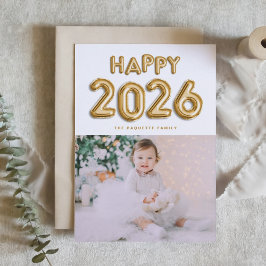 Tarjeta Festiva Relieve metalizado dorado Globos 2025 Feliz foto d