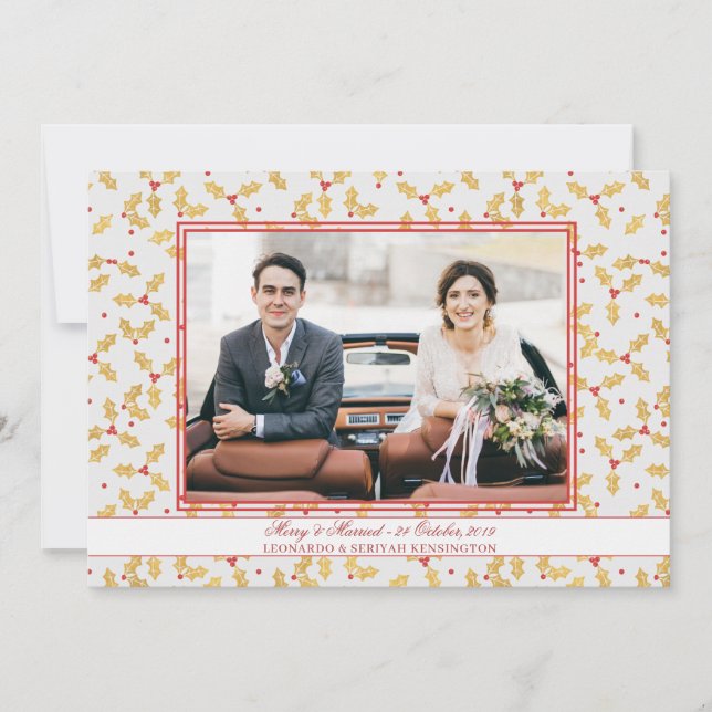 Tarjeta Festiva Relieve metalizado dorado Holly Merry Navidades ca (Anverso)