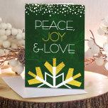 Tarjeta Festiva Relieve metalizado dorado moderno Snowflake Paz Al<br><div class="desc">"Paz, alegría y amor." Un gigantesco, divertido, lúdico, Relieve metalizado dorado y un ilustracion de copos de nieve blanco, y una tipografía moderna sobre un fondo acuático de mármol verde oscuro y profundo te ayudan a entrar en temporada de vacaciones. Un borde de puntos blanco y dorado rodea la parte...</div>