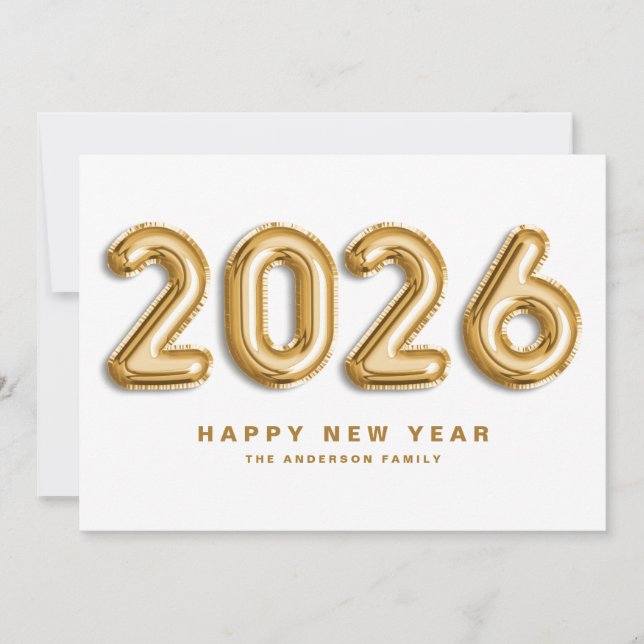 Tarjeta Festiva Relieve metalizado dorado Mylar Balloons Feliz Año (Anverso)