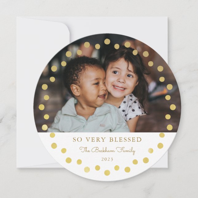 Tarjeta Festiva Relieve metalizado Faux moderno Dots Gold Foto Orn (Anverso)