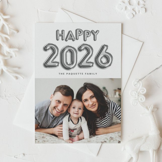 Tarjeta Festiva Relieve metalizado plateado Globos 2025 Feliz foto (Customizable photo Happy New Year card featuring festive silver foil mylar balloons.)