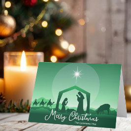 Tarjeta Festiva Religious Merry Christmas Green Nativity Scene