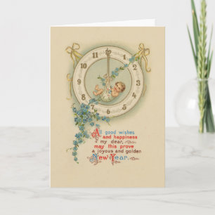 Tarjeta Festiva Reloj Antiguo Bebé de Año Nuevo