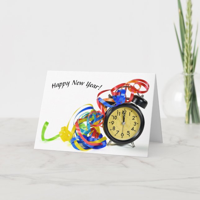 Tarjeta Festiva Reloj de Año Nuevo con cintas (Anverso)