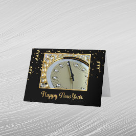 Tarjeta Festiva Reloj de foto elegante negro y dorado Año Nuevo