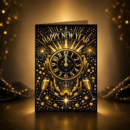 Tarjeta Festiva Reloj de medianoche de oro de celebración Art Deco