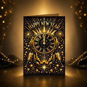 Tarjeta Festiva Reloj de medianoche de oro de celebración Art Deco