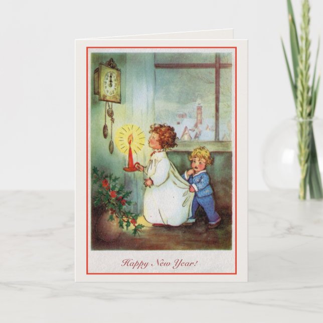 Tarjeta Festiva Reloj de niños de Año Nuevo Feliz (Anverso)