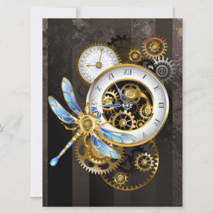 Tarjeta Festiva Reloj de vapor con libélula mecánica
