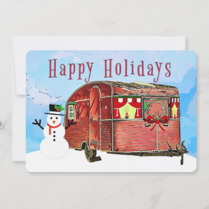 Tarjeta Festiva Remolque de viaje Caravana Rústica Retro con muñec