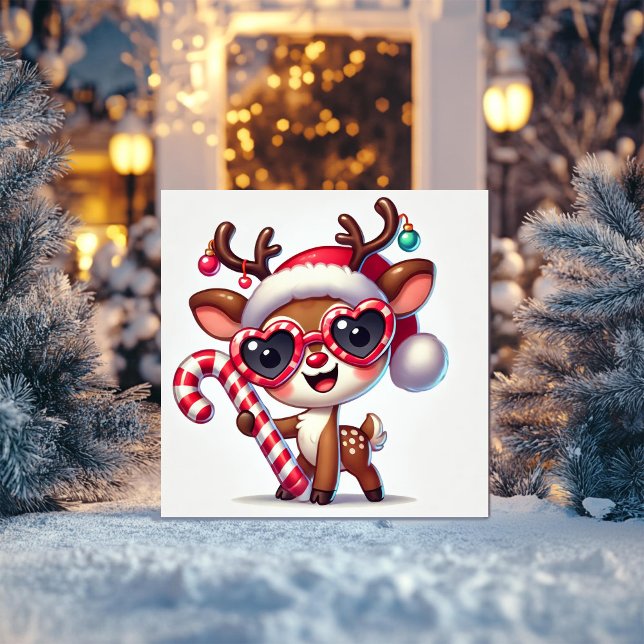 Tarjeta Festiva Reno alegre con bastón de caramelo y adornos (Subido por el creador)