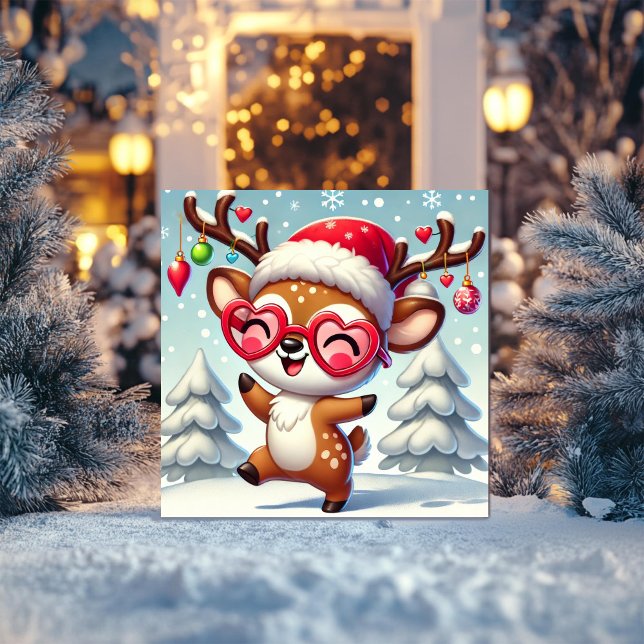 Tarjeta Festiva Reno alegre con nieve y adornos (Subido por el creador)