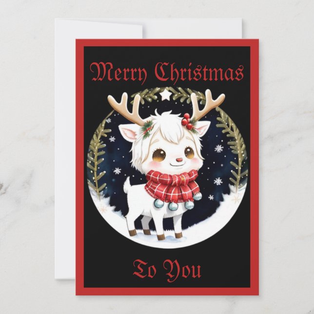 Tarjeta Festiva Reno blanco en estilo Chibi (Anverso)