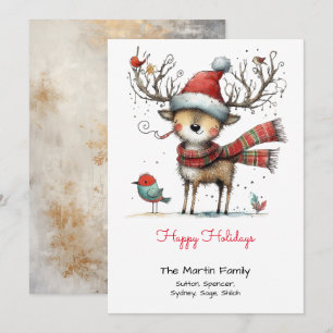 Tarjeta Festiva Reno caprichoso en Santa Hat Happy